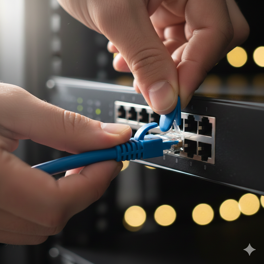 Händer som kopplar in en nätverkskabel i en router