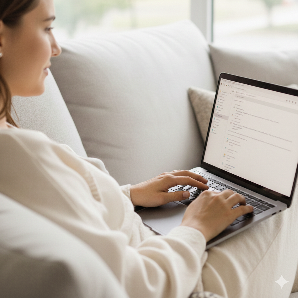 Person som använder en surfplatta i ett modernt hem